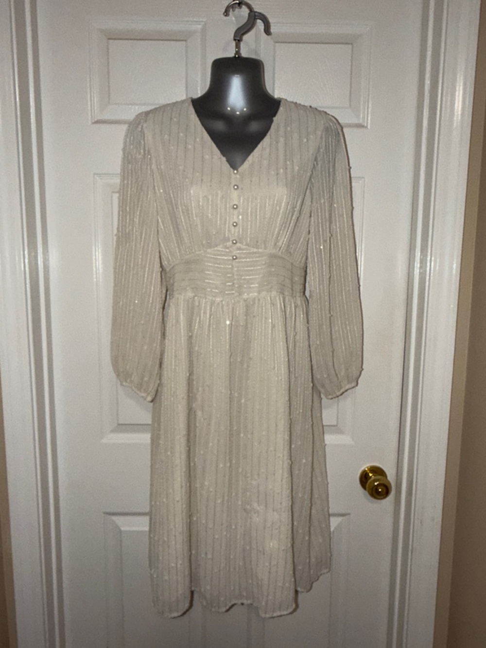 Zara Cream Long-Sleeve V-Neck Beaded Midi Dress with Button Front